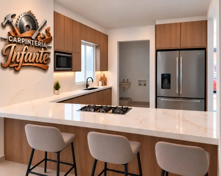 Diseño de cocina en madera con barra desayunador de cuarzo y estufa integrada
